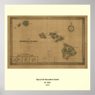 Vintage 1876 Hawaii Map - Hawaiian Islands ポスター