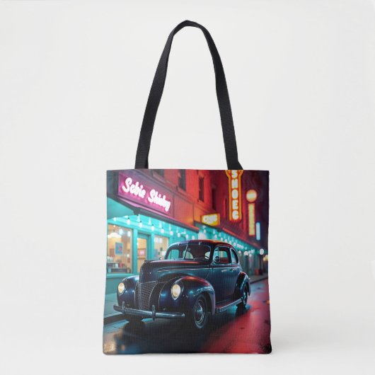 Vintage 1940s Classic Car Under Neon Lights トートバッグ (正面)