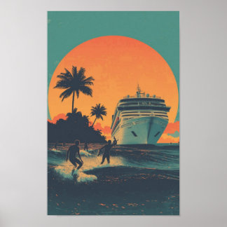 Vintage 1970s Cruise Ship Sunset Poster – Retro Tr ポスター