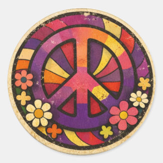 Vintage 70s Retro Peace Sign Flower Power Sticker ラウンドシール
