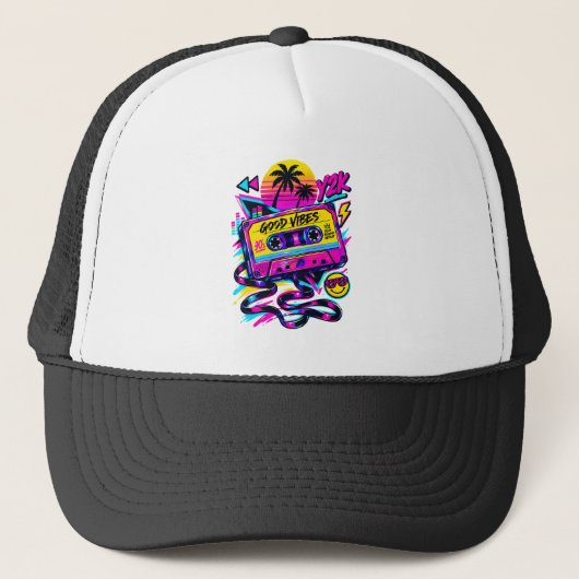 Vintage 90s Retro Cassette Neon Cyberpunk Trucker  キャップ (正面)