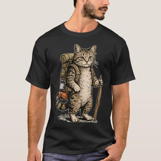 Vintage Adventure Hiking Cat Camping Backpacking Tシャツ (正面)