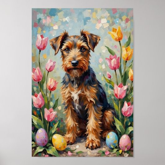 Vintage Airedale Terrier Easter Garden Art ポスター (正面)