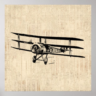 Vintage Airplane Old Antique Plane Illustration ポスター