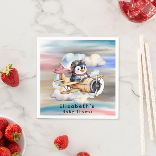 Vintage Airplane Penguin Boy Baby Shower スタンダードカクテルナプキン (インサイチュ)