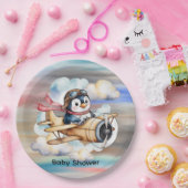 Vintage Airplane Penguin Boy Baby Shower ペーパープレート (パーティー)