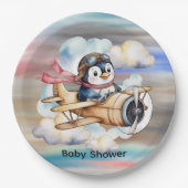 Vintage Airplane Penguin Boy Baby Shower ペーパープレート (正面)