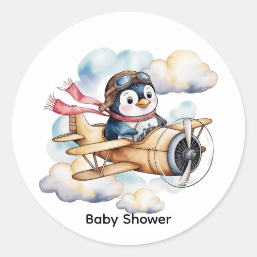 Vintage Airplane Penguin Boy Baby Shower ラウンドシール (正面)
