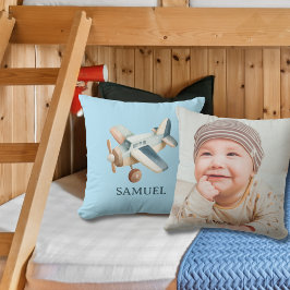 Vintage Airplane Photo Watercolor Baby Boy Blue クッション