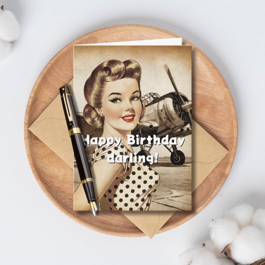 Vintage Airplane Pinup Girl Retro Birthday カード