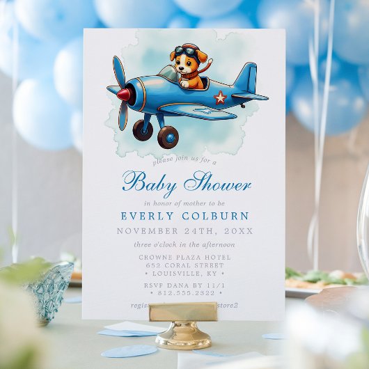 Vintage Airplane Puppy Pilot  Boy Baby Shower 招待状
