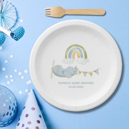 Vintage Airplane Rainbow Clouds Boy Baby Shower  ペーパープレート