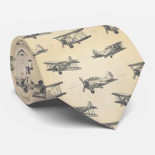 Vintage Airplane Sketch Pattern ネクタイ (ロール)