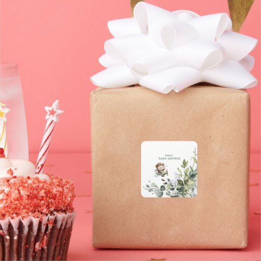 Vintage Airplane Teddy Bear Baby Shower スクエアシール (パーティー)