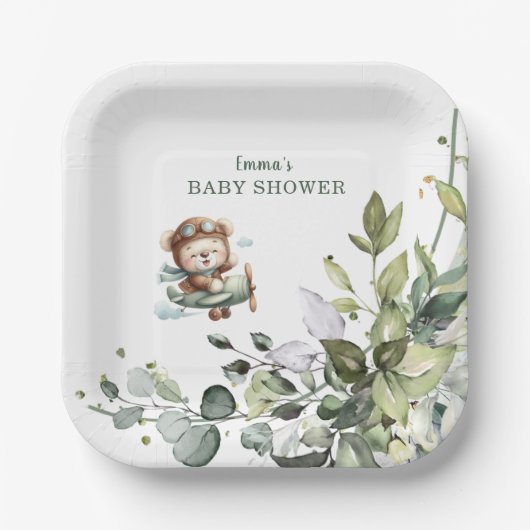 Vintage Airplane Teddy Bear Baby Shower ペーパープレート (正面)