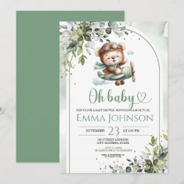 Vintage Airplane Teddy Bear Baby Shower 招待状