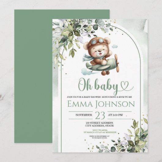 Vintage Airplane Teddy Bear Baby Shower 招待状 (正面/裏面)