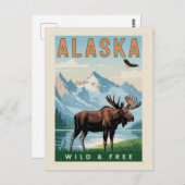Vintage Alaska Moose Mountain Wild & Free ポストカード (正面/裏面)