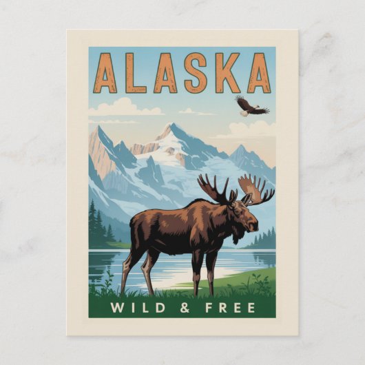 Vintage Alaska Moose Mountain Wild & Free ポストカード (正面)