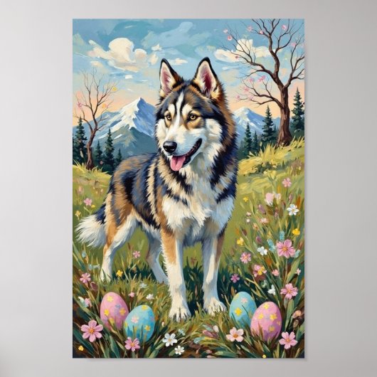 Vintage Alaskan Malamute Easter Spring Art ポスター (正面)