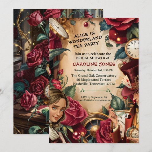 Vintage Alice in Wonderland Mad Hatter Party 招待状 (正面/裏面)