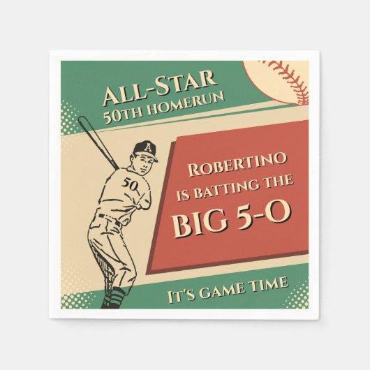 Vintage All Star Baseball Men 50th Birthday スタンダードカクテルナプキン (正面)