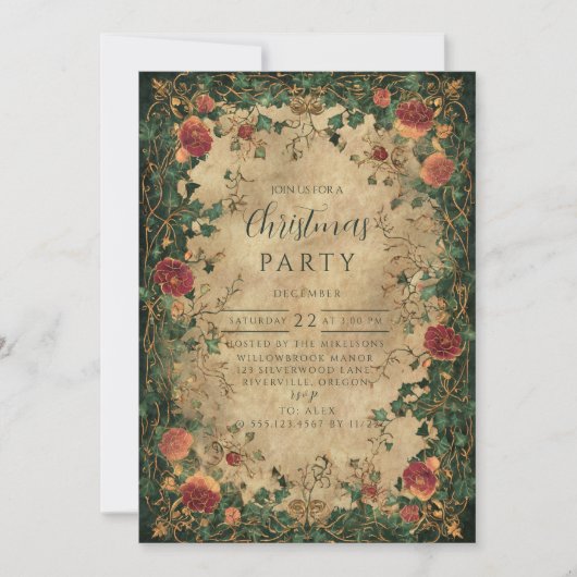 Vintage Amaryllis Holly Christmas 招待状 (正面)