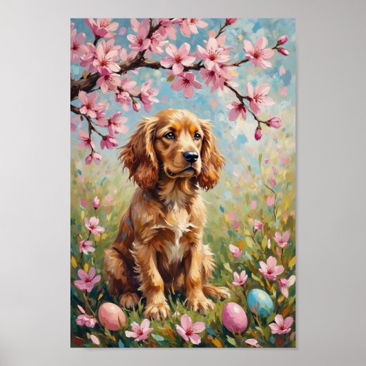 Vintage American Cocker Spaniel Easter Blossom Art ポスター (正面)