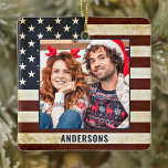 Vintage American Flag Custom 2 Photo Patriotic セラミックオーナメント<br><div class="desc">Vintage American Flag Christmas Ornament. This patriotic stars and stripes usa flag christmas ornament will be a treasured keepsake. Ornament is double sided, you can do 2 favorite photos, one on each side. Perfect for military, soldier Christmas ornament, military veteran, patriotic family. Personalize name on the front, and date on...</div>