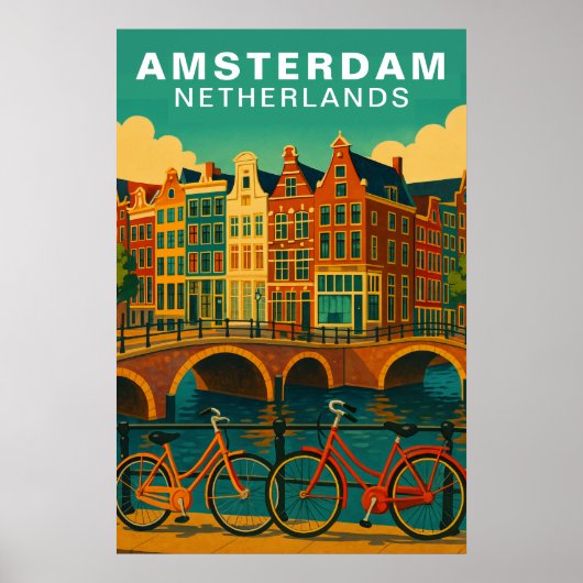 Vintage Amsterdam Netherlands Canals & Bicycle ポスター (正面)