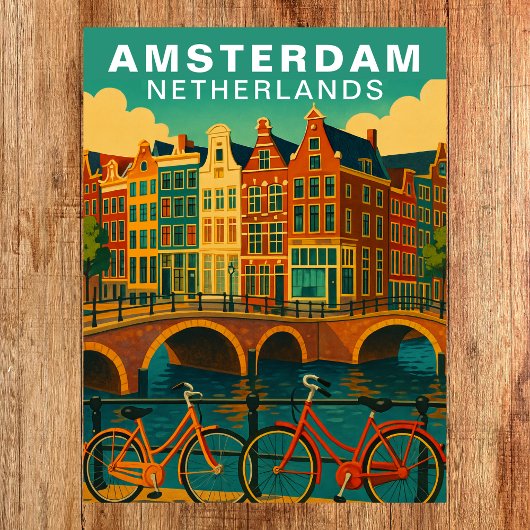Vintage Amsterdam Netherlands Canals & Bicycle ポストカード