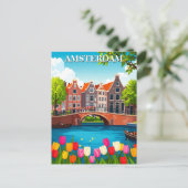 Vintage Amsterdam Travel With Tulips ポストカード (スタンド正面)