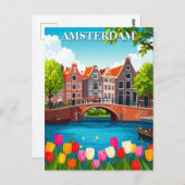 Vintage Amsterdam Travel With Tulips ポストカード (正面/裏面)