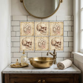 Vintage Anatomical Skull Ink Drawing Sepia タイル