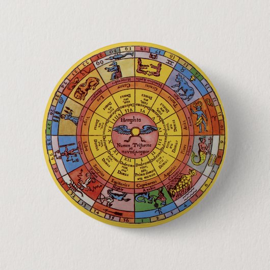 Vintage Antique Astrology, Celestial Zodiac Wheel 缶バッジ (正面)