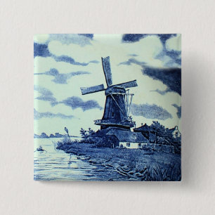Vintage Antique Delft Blue Tile - Windmill 缶バッジ