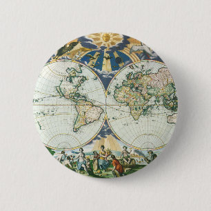 Vintage Antique Old World Map, 1666 by Pieter Goos 缶バッジ