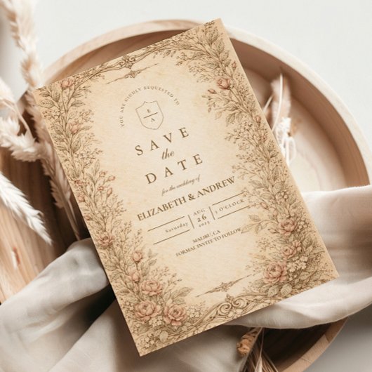 Vintage Antique Wildflower Botanical Wedding セーブザデート