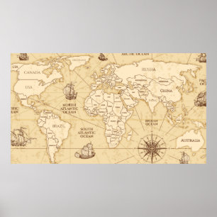 Vintage antique world map with countries boundarie ポスター