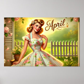Vintage April Pin-Up Spring Garden Poster ポスター