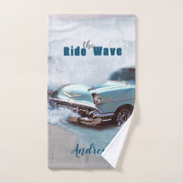 Vintage Aqua Car "Ride The Wave" Quote Ocean Beach ハンドタオル