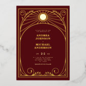 Vintage Arch Art Nouveau Burgundy Wedding Real 箔招待状 (正面)