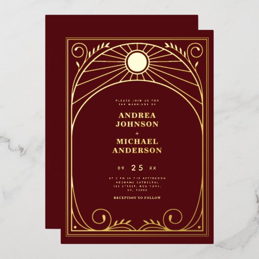 Vintage Arch Art Nouveau Burgundy Wedding Real 箔招待状 (正面/裏面)