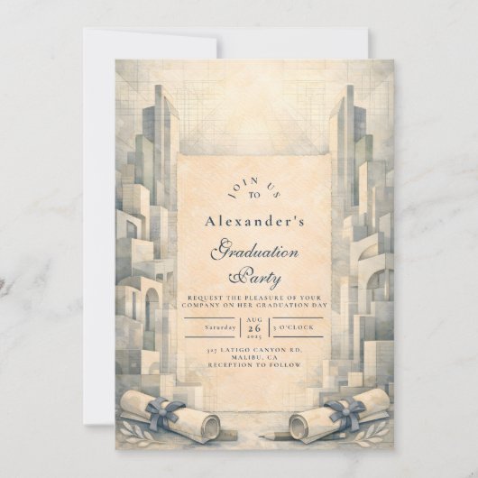 Vintage Architecture Drawing Graduation 招待状 (正面)