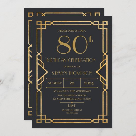 Vintage Art Deco Birthday party 招待状 (正面/裏面)