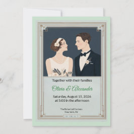 Vintage Art Deco Couple Wedding Invitation カード