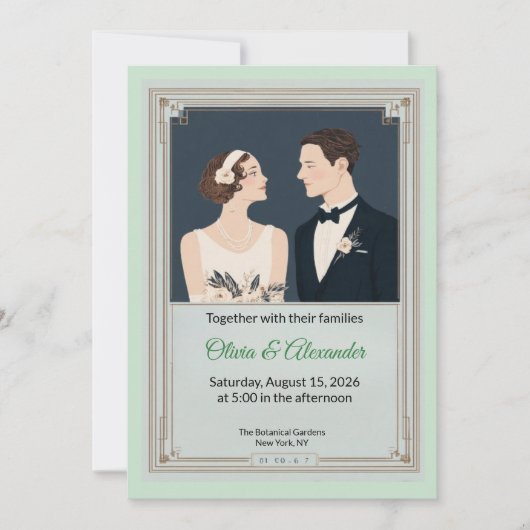 Vintage Art Deco Couple Wedding Invitation カード (正面)