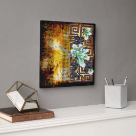 Vintage Art Deco Distressed Asian Flower Design スクエア壁時計