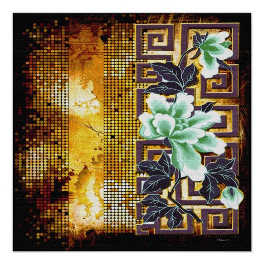 Vintage Art Deco Distressed Asian Flower Design  ポスター (正面)
