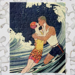 Vintage Art Deco Lovers Kiss in the Waves at Beach ジグソーパズル<br><div class="desc">Vintage illustration art deco love and romance image with a young couple hugging and kissing under the surf,  an ocean wave at the beach. Artist: George Barbier,  c. 1921.</div>